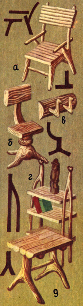 Образцы самородной мебели и конструктивные элементы, использованные при изготовлении: а - стул из четырех сучьев, б - стул на 'курьей ножке', в - вешалка, г - стеллаж, д - столик