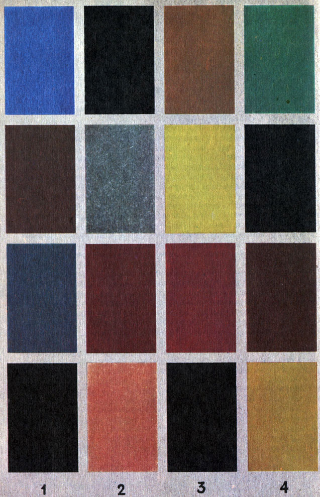 Справочная таблица примерных цветов, получаемых на поверхности металлов при различных способах обработки: 1 - на стали, 2 - на меди, 3 - на латуни, 4 - на алюминии