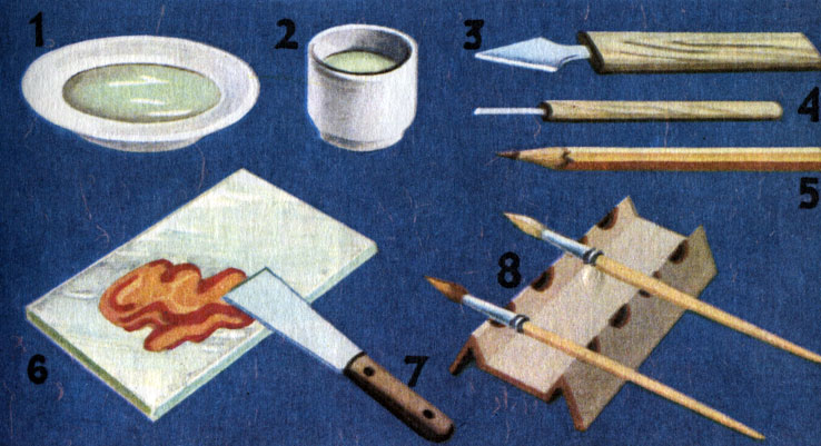 Инструменты и оборудование для росписи фарфора: 1 - блюдце со скипидарным маслом, 2 - баночка со скипидаром, 3 - резачок, 4 - гравировальная игла, 5 - графитный карандаш, 6 - стеклянная палитра, 7 - шпатель, 8 - подставка с кистями