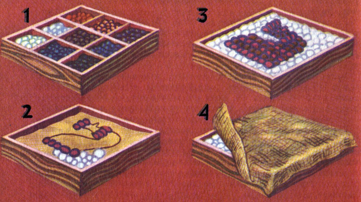 Последовательность изготовления цветного мозаичного набора: 1 - набор цветной гальки, 2 - выкладывание гальки на песке, 3 - готовый мозаичный набор, 4 - приклеивание к набору холстины, 5 - ограничение мозаичного набора опалубкой, 6 - заливка цементного раствора, 7 - снятие рамы-опалубки, 8 - удаление холстины