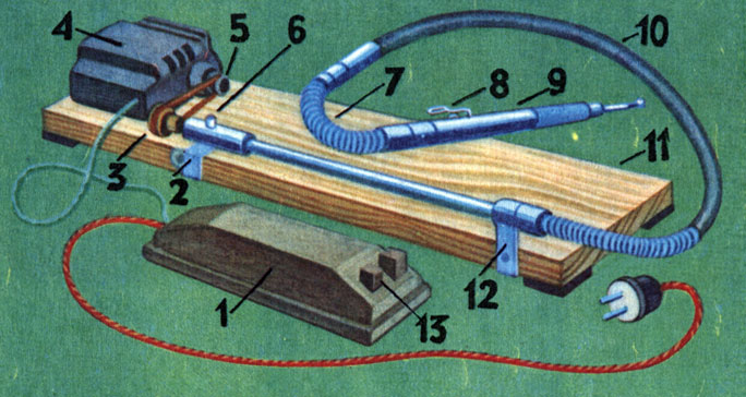 Устройство простейшей бормашины: 1 - педаль электромотора, 2 - кронштейн, 3 - шкив рукава, 4 - электромотор, 5 - шкив электромотора, 6 - масленка, 7 - спиральная пружина, 8 - защелка, 9 - наконечник, 10 - гибкая часть рукава, 11 - станина, 12 - кронштейн самодельный, 13 - пусковая кнопка педали