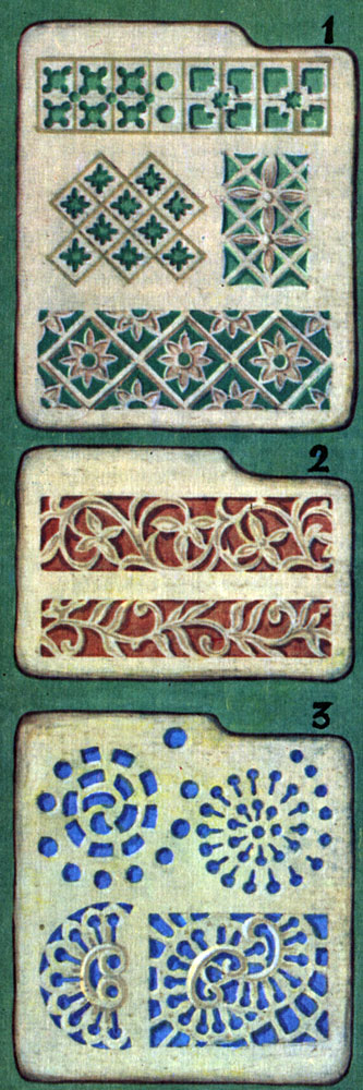 Виды орнаментов, применяемых в ажурной резьбе.' 1 - геометрический, 2 - растительный, 3 - рокайльный