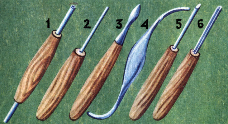 Инструменты для объемного ручного тиснения: 1 - пуансон, 2 - копировальная игла, 3 - стека с металлическим наконечником, 4 - металлическая стека, 5 - стержневой подрезной нож, 6 - желобчатый подрезной нож