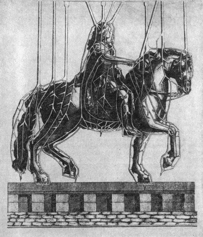 Рис. 108. Система литников и выпаров на модели памятника Людовику XV