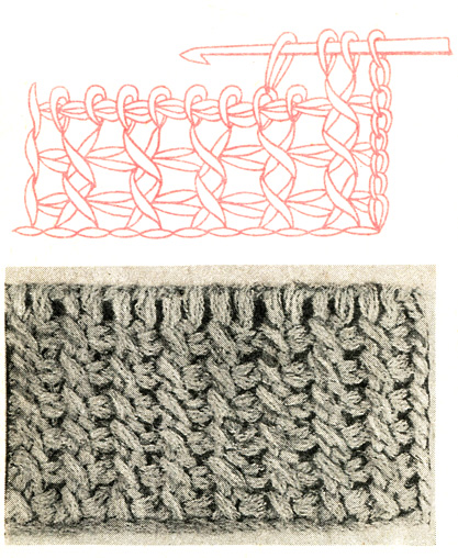 Рис. 30. Узор из скрещенных петель тунисского вязания: схема и общий вид