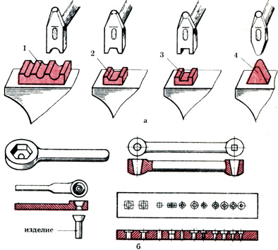 Рис. 13. Парный подкладной инструмент: а - обжимки (1-3) и подбойка (4); б - приспособления для высадки гвоздей, болтов, заклепок